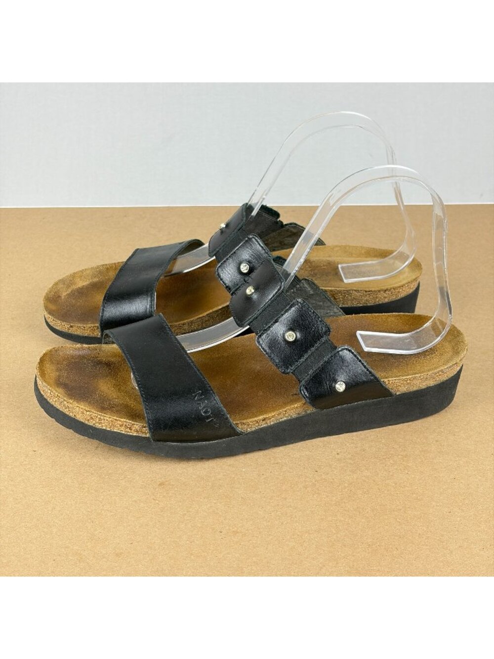 Naot Ashley Two Strap Leather Sandals Womens 10/10.5 EU 41 Black Slip On Casual